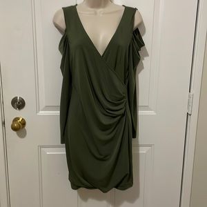 Olive green, cold shoulder, long sleeve dress by VENUS